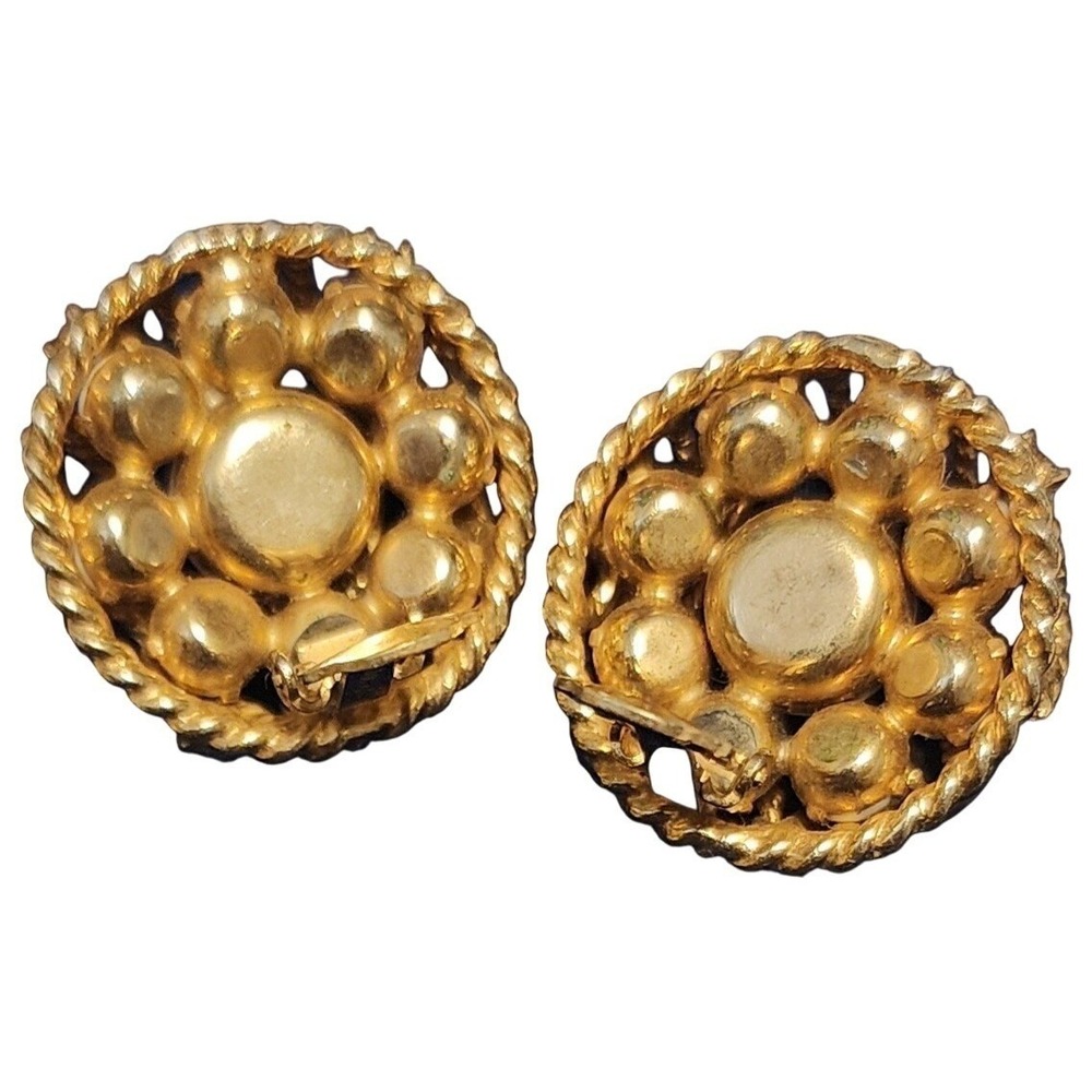 Vtg Hattie Carnegie Gold Tone Woven Pearl Clip On Earrings* SEE 1 Missing stone - Picture 2 of 6